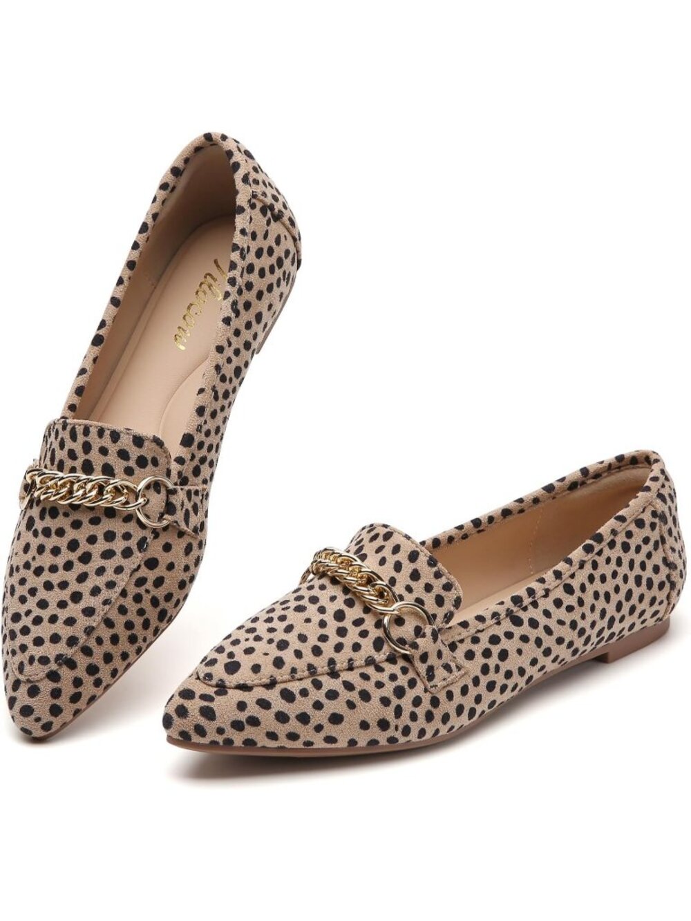 Women's Leopard Comfortable Metal Chain Pointed Toe Slip on Fashion Flat Shoes